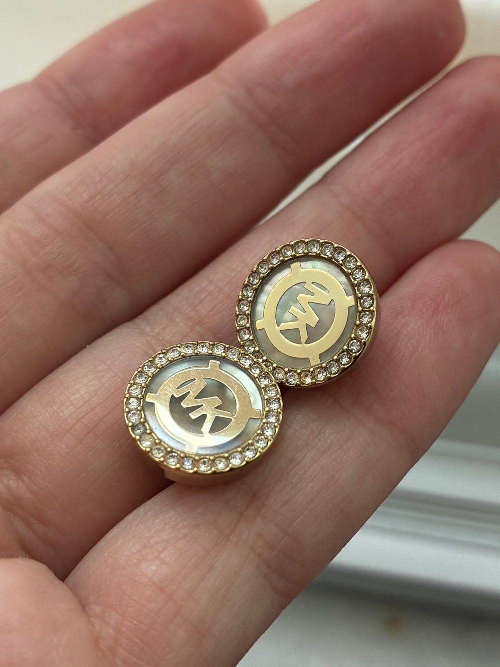 Michael Kors Gold and White MK Logo Crystal Halo Stud Earrings